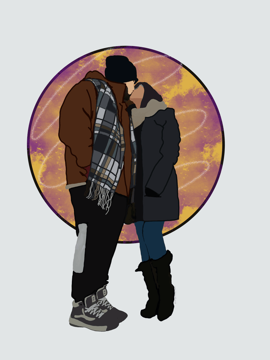 digital portrait of Couple kissing with a colored moon background