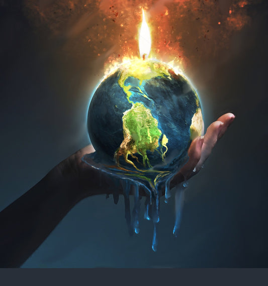 ilustracion de una mano sosteniendo al mundo que arde en fuego y se derrite