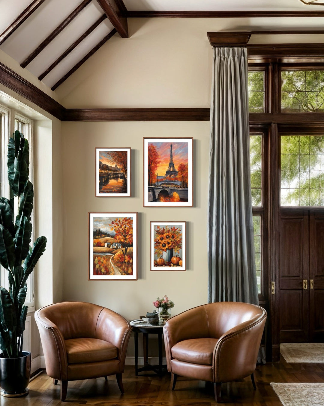 Picture showing a living room with two chairs and an art Autunm art collection in the back.  