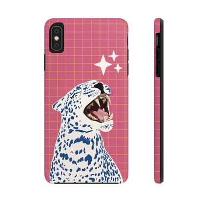 White Tiger with Blue Spots Phone Case – Fierce Design on Pink and Yellow Plaid Background