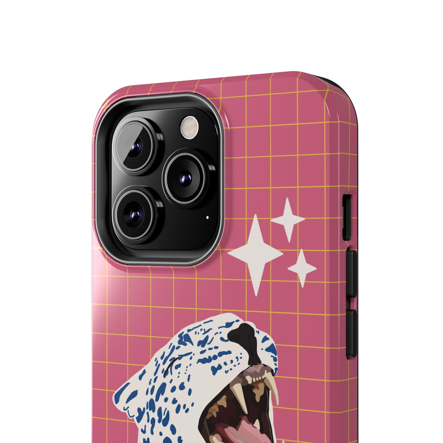 White Tiger with Blue Spots Phone Case – Fierce Design on Pink and Yellow Plaid Background