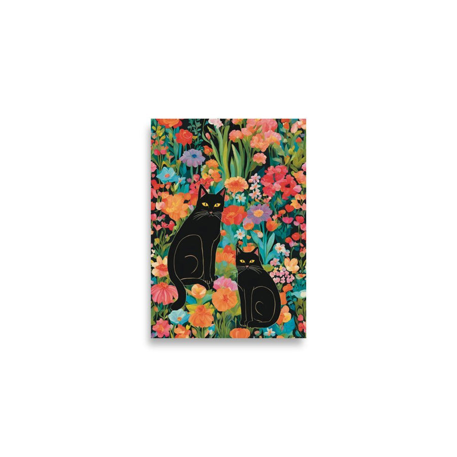 2 Cats in the Garden Art Print depicts two black cats in a garden full of flowers 