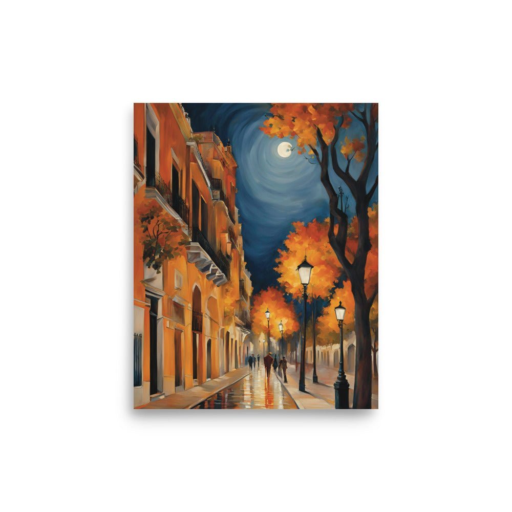 A Beautifull Autunm Night in the City Poster 8 x 10: Shows a picture of a cozy city at night with people walking by in a autumn light with a beautiful moon in the background.  