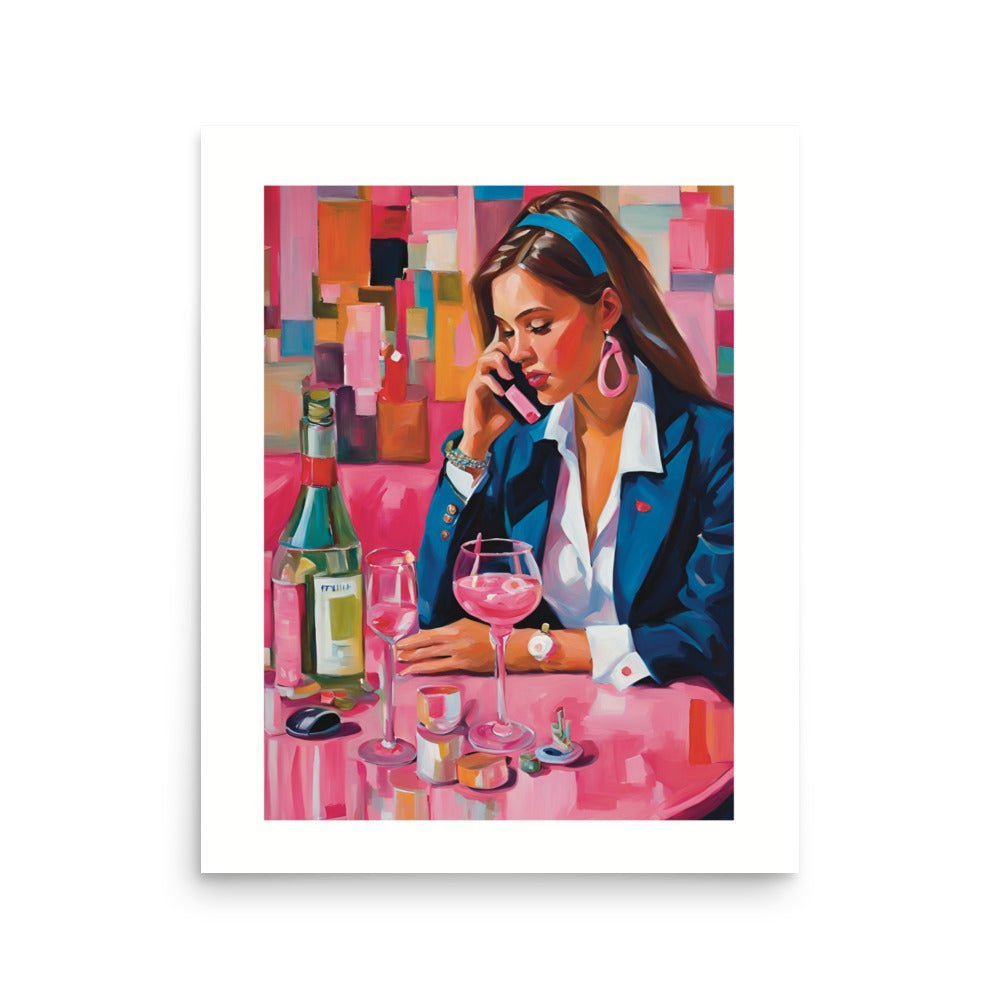 A "Clueless" Preppy Girl Art Print 16 x 20: a picture of a girl that resemble the style of the 90s movie clueless sitting down on a bar waiting for friends. 
