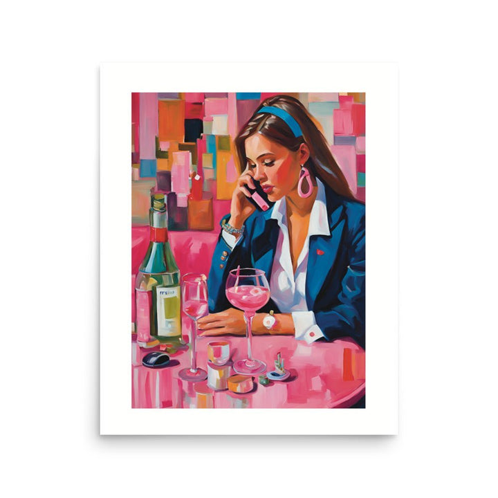 A "Clueless" Preppy Girl Art Print 16 x 20: a picture of a girl that resemble the style of the 90s movie clueless sitting down on a bar waiting for friends. 