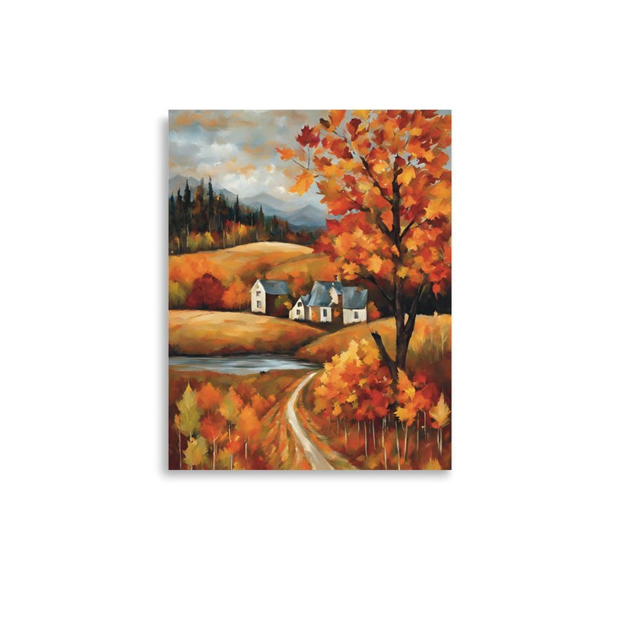 A Fall Getaway Art Print 11 x 14: Shows a picture of a small town between the mountains in a fall light. The leaves are already yellow, and orange and you can see a lovely creek flowing peacefully in a relaxing way. 