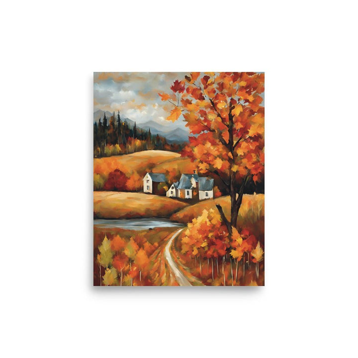 A Fall Getaway Art Print 8 x 10: Shows a picture of a small town between the mountains in a fall light. The leaves are already yellow, and orange and you can see a lovely creek flowing peacefully in a relaxing way. 