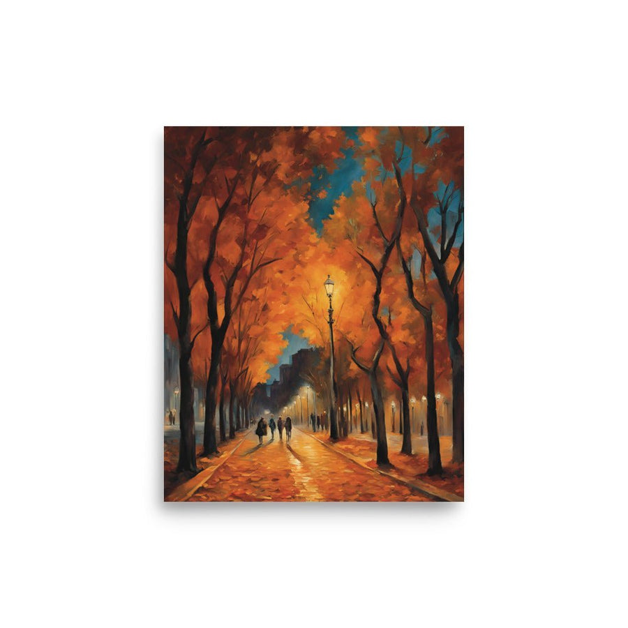 A Stroll in the Autunm Afternoon 8 x 10: Shows 2 couples talking a stroll in the middle of the street between trees at both sides and a streetlamp that give a bohemian vide to the picture. 