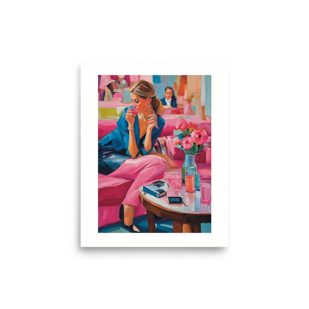 After Hour Preppy Girl Art Print 8 x 10: a picture of a young blonde lady enjoying a cocktail in a pink sofa. 
