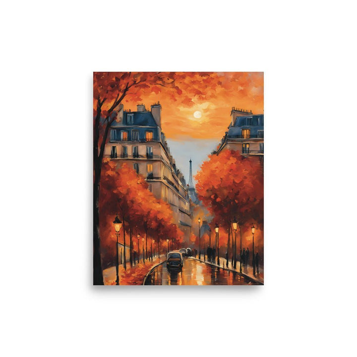 Autum Afternoon in Paris Poster 8 x 10: Shows a glance of a street of Paris in the afternoon light with the Eifel tower at the far end of the street. 