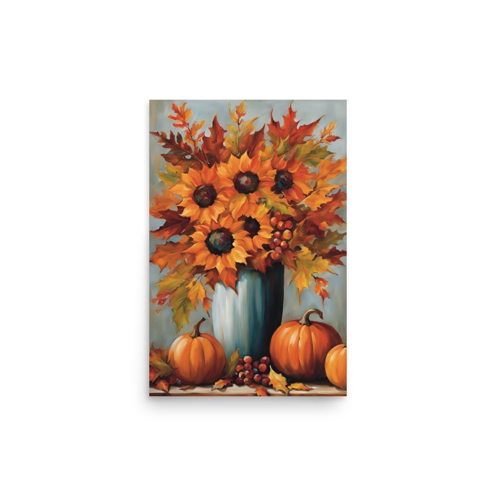 Autum Sunflowers Art Print 12 x 18 Art Print: Is an art print showing sunflowers in a white vase surrounded by orange pumpkins. 