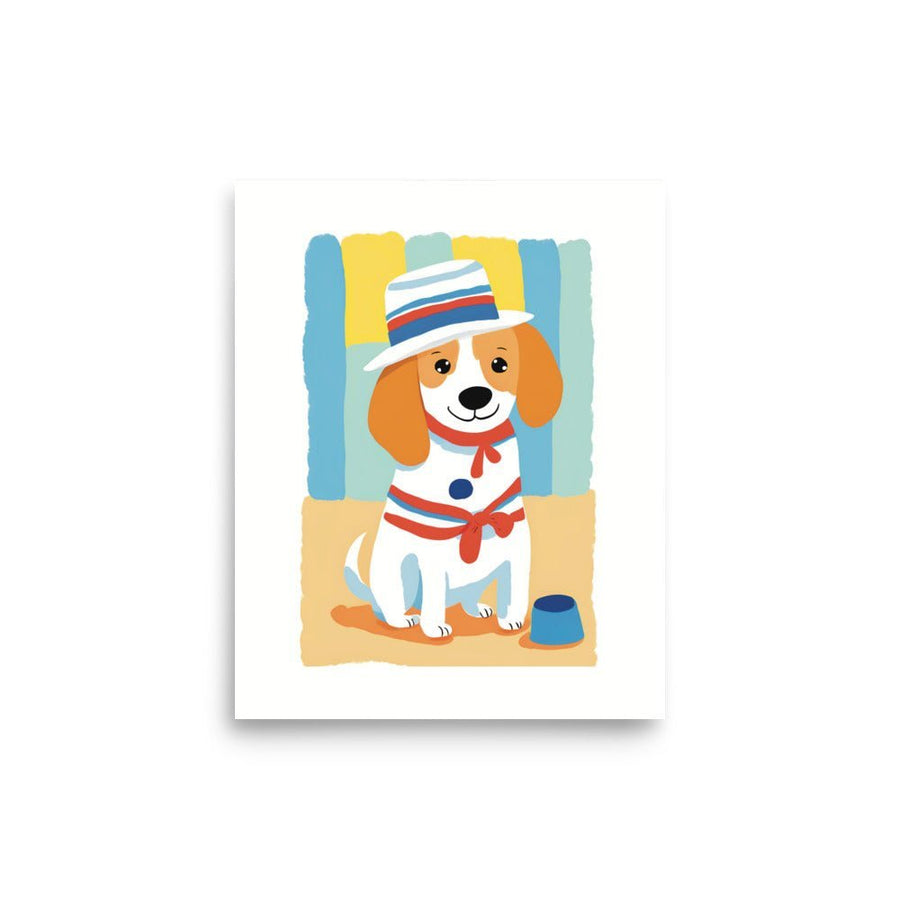 Cute Doggie with a Hat Poster 8 x 10 This kid's wall art shows a cute white and brown doggie dressed up with a cool hat. 