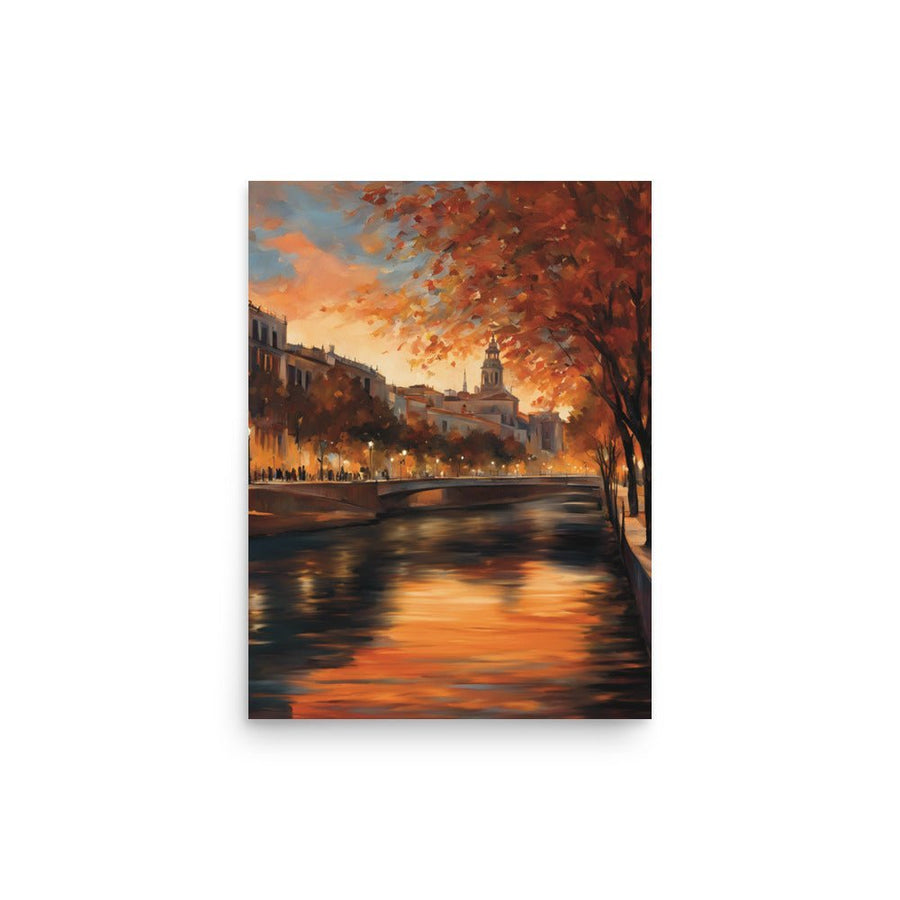 Fall Lights by the River Art Print 12 x 18: This art print shows a picture of the river running through a European city in the afternoon light during fall time. 
