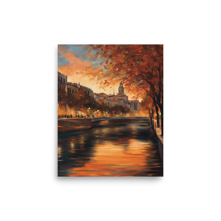 Fall Lights by the River Art Print 8 x 10: This art print shows a picture of the river running through a European city in the afternoon light during fall time. 