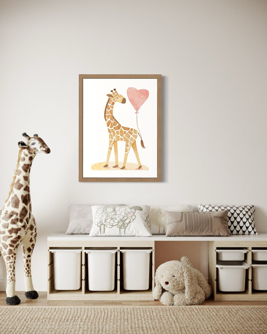 A Giraffe with a Heart Balloon Framed Art Print