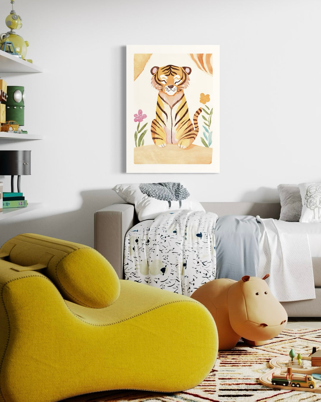 Happy Tiger Watercolor Framed Art Print