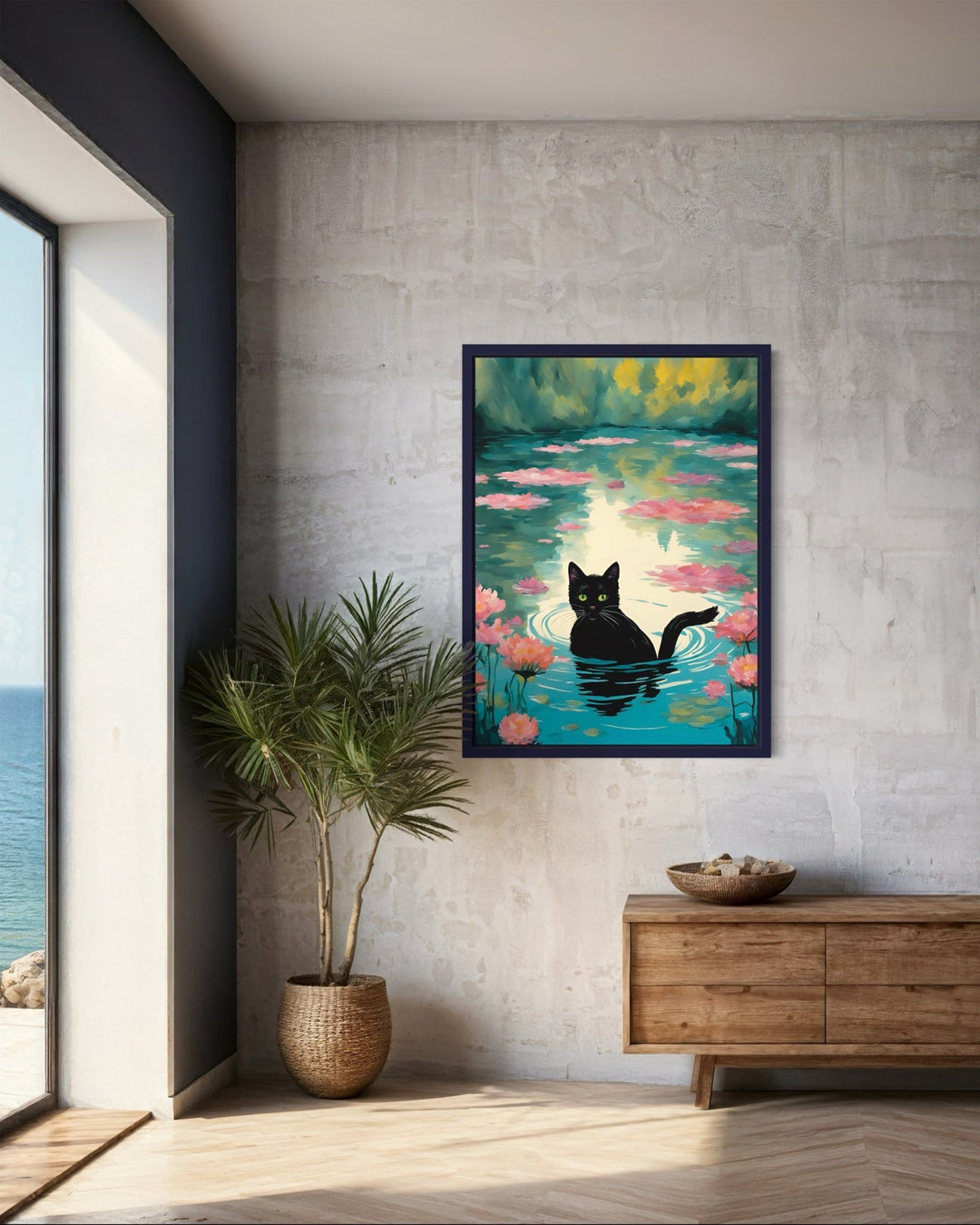 Splashing Whiskers: A Cat’s Adventure Art Print