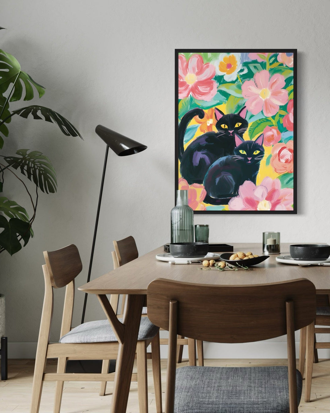 The cats and the Pink Flowers Art Print