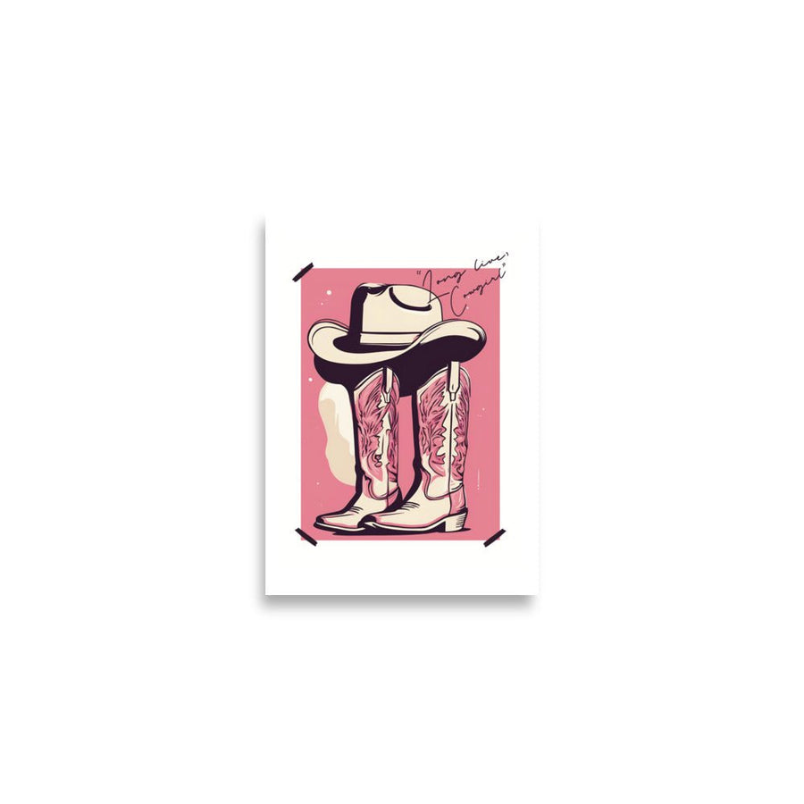 Long Lives the Cowgirl Art Print shows a cowgirl a white cowgirl hat on top of pink and white cowgirl boots.