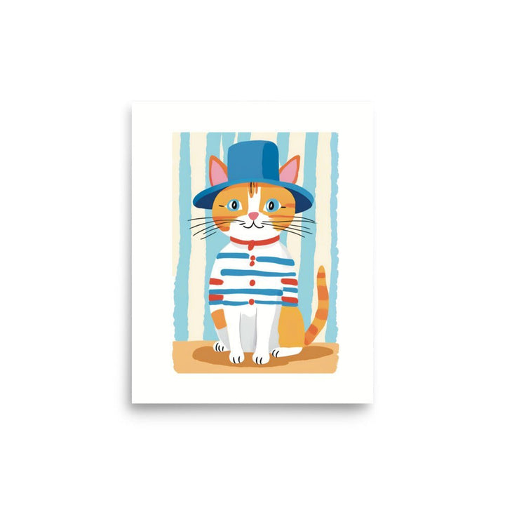Mr. Cat in the Blue Hat Art Print 8 x 10 Depicts a yellow cat with a warmly face and a blue hat. The cute cat looks playful and has a white shirt with blue and red strips. 