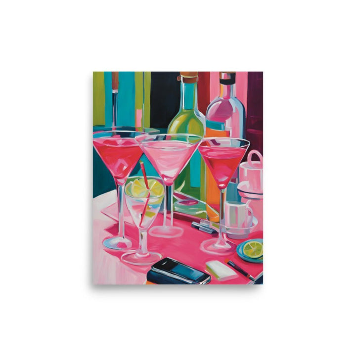 Pink Martinis Art Print 8 x 10: this picture shows a pink tabletop with 4 different glasses of martinis. 