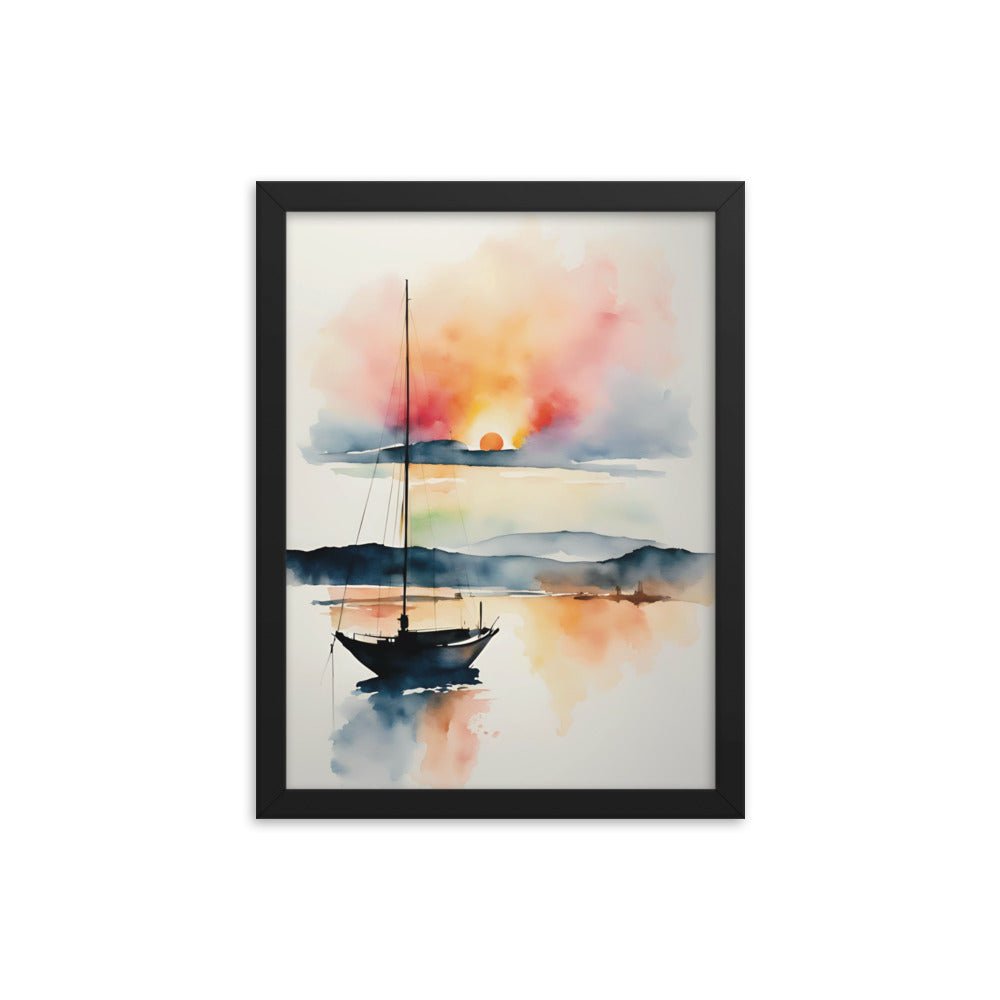 A Sailboat at the Sunset Watercolor Framed Art Print