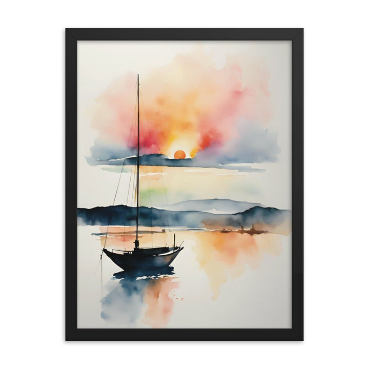 A Sailboat at the Sunset Watercolor Framed Art Print