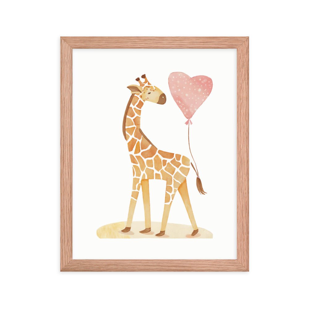 A Giraffe with a Heart Balloon Framed Art Print