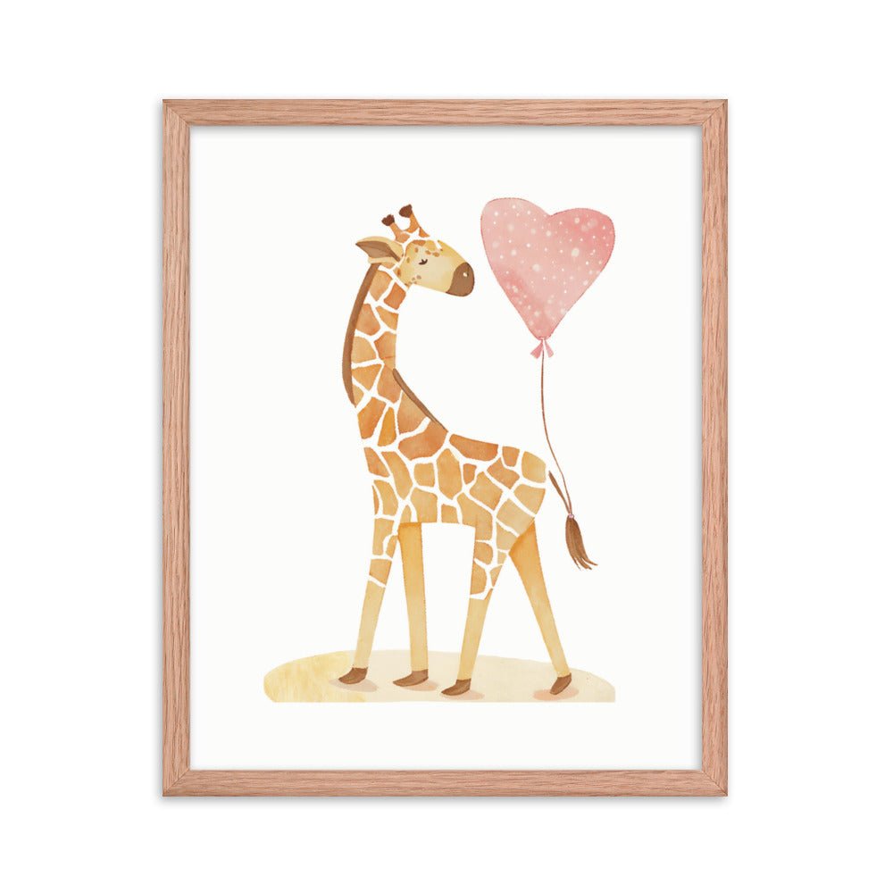 A Giraffe with a Heart Balloon Framed Art Print