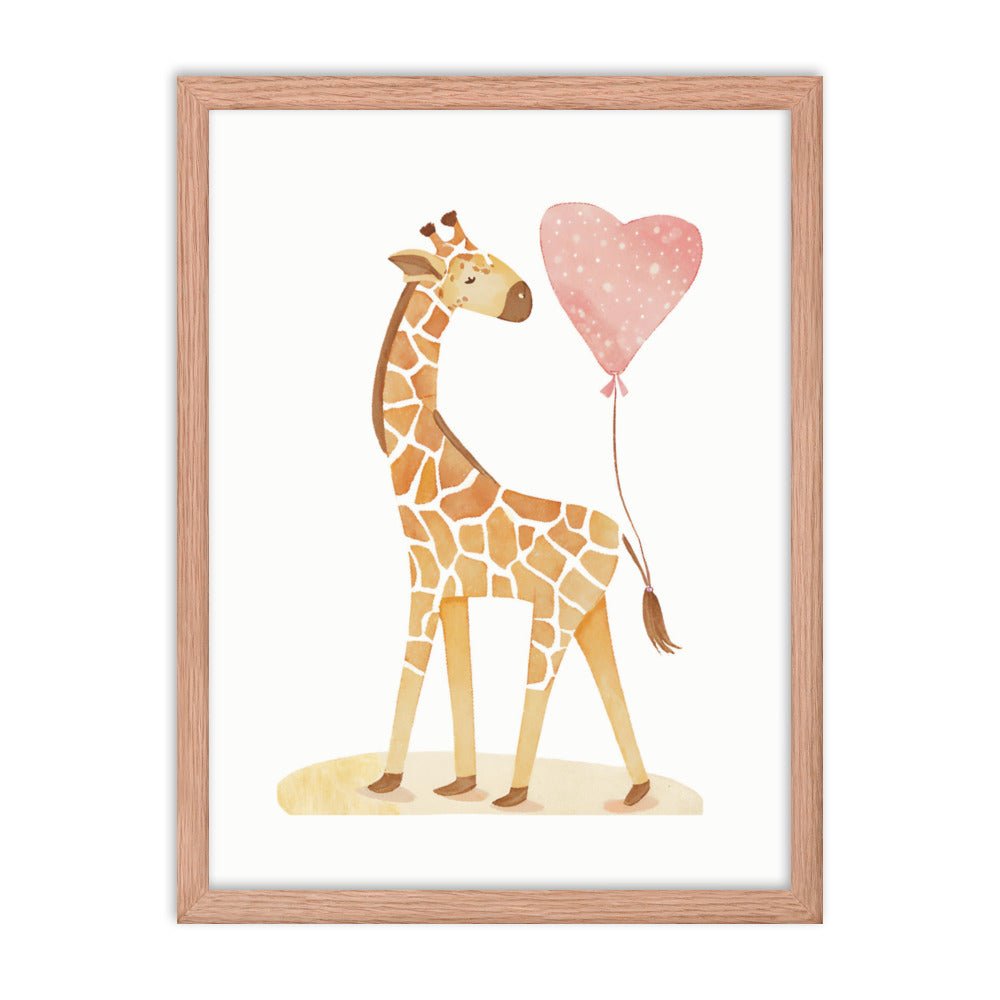 A Giraffe with a Heart Balloon Framed Art Print