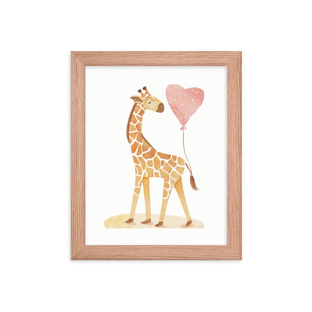 A Giraffe with a Heart Balloon Framed Art Print