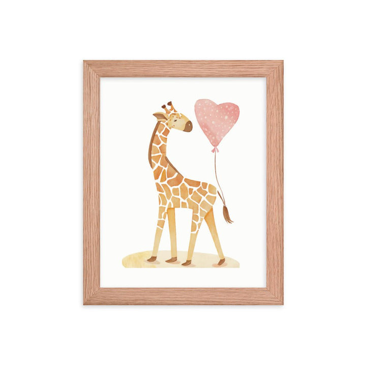 A Giraffe with a Heart Balloon Framed Art Print