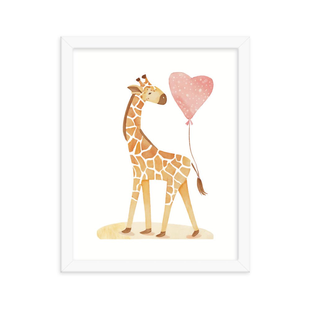 A Giraffe with a Heart Balloon Framed Art Print