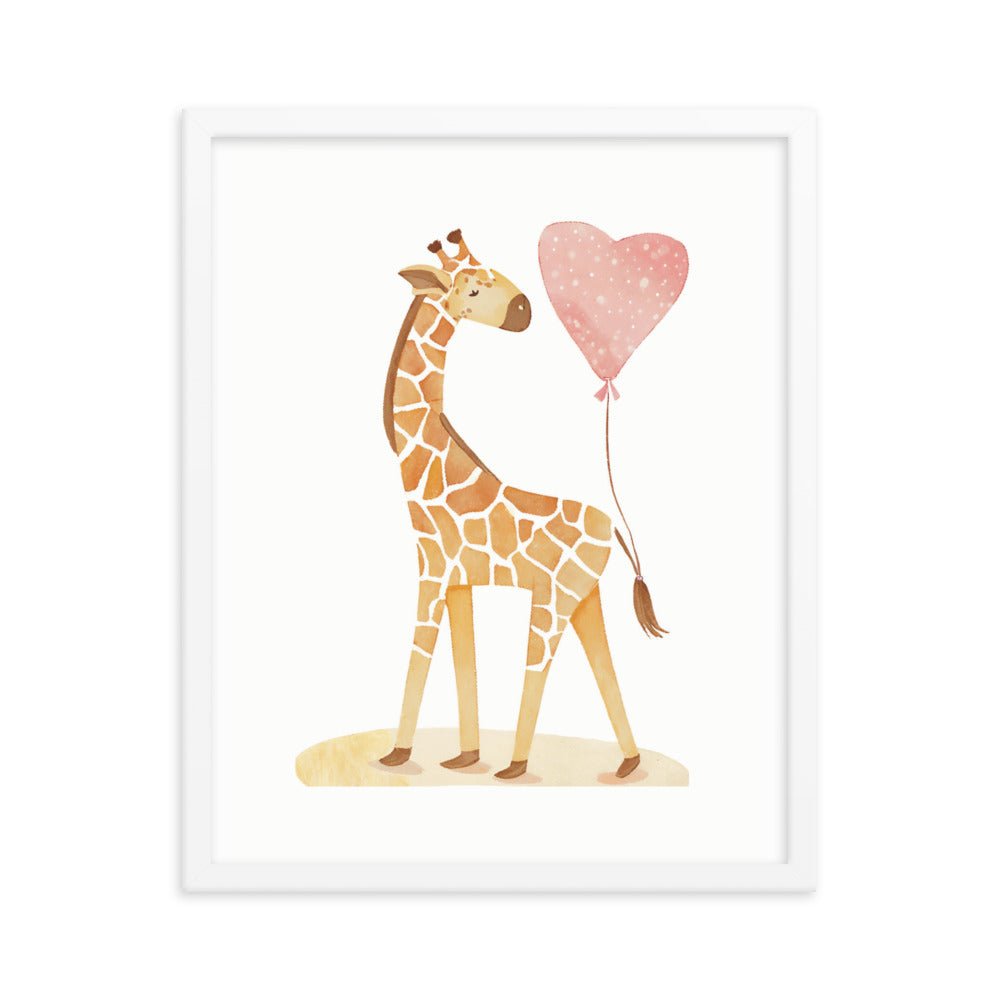 A Giraffe with a Heart Balloon Framed Art Print