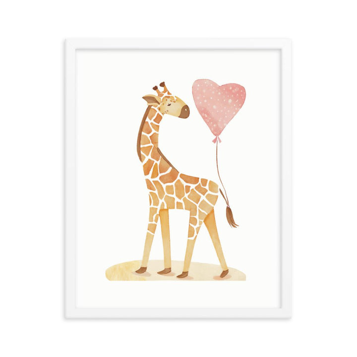 A Giraffe with a Heart Balloon Framed Art Print