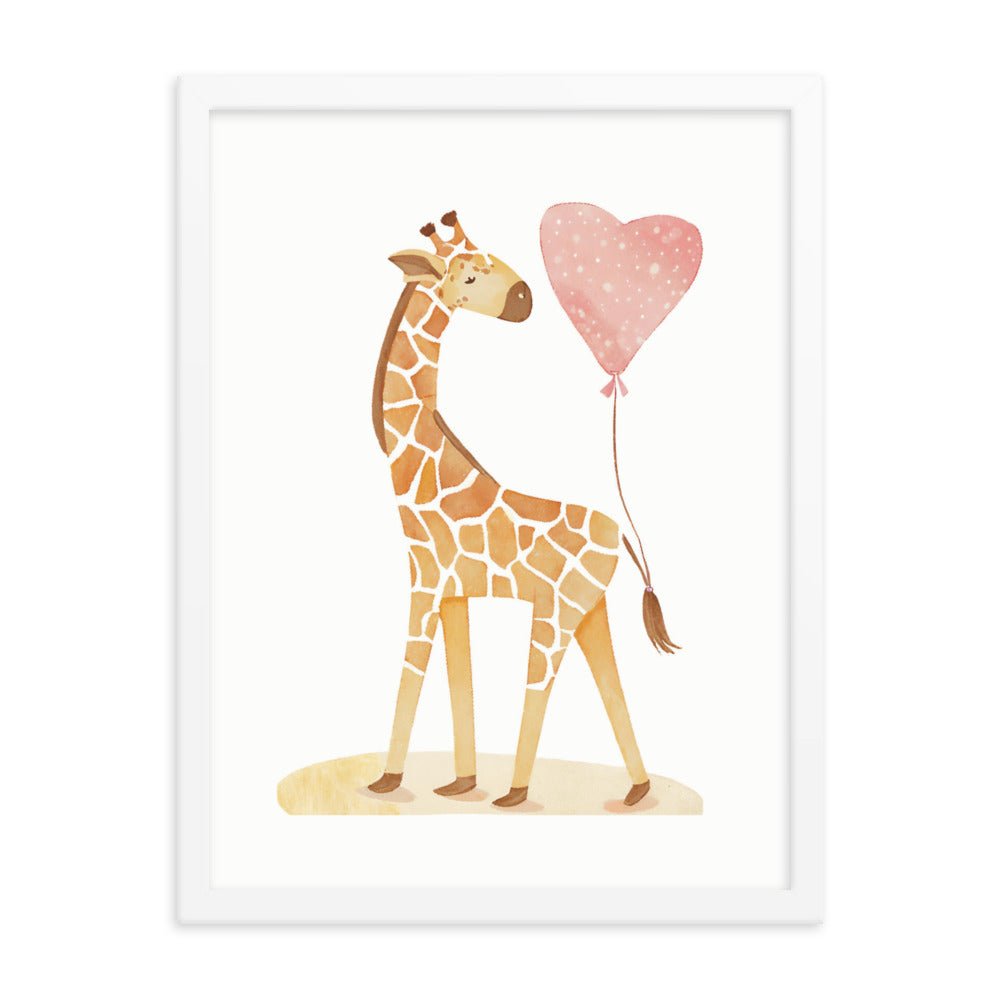 A Giraffe with a Heart Balloon Framed Art Print