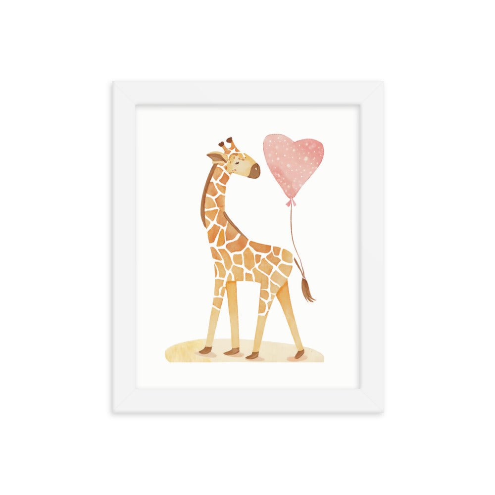 A Giraffe with a Heart Balloon Framed Art Print