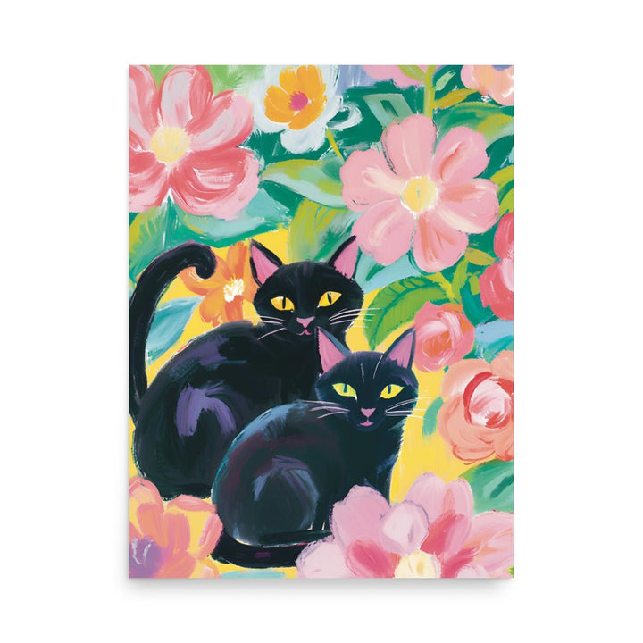 The cats and the Pink Flowers Art Print