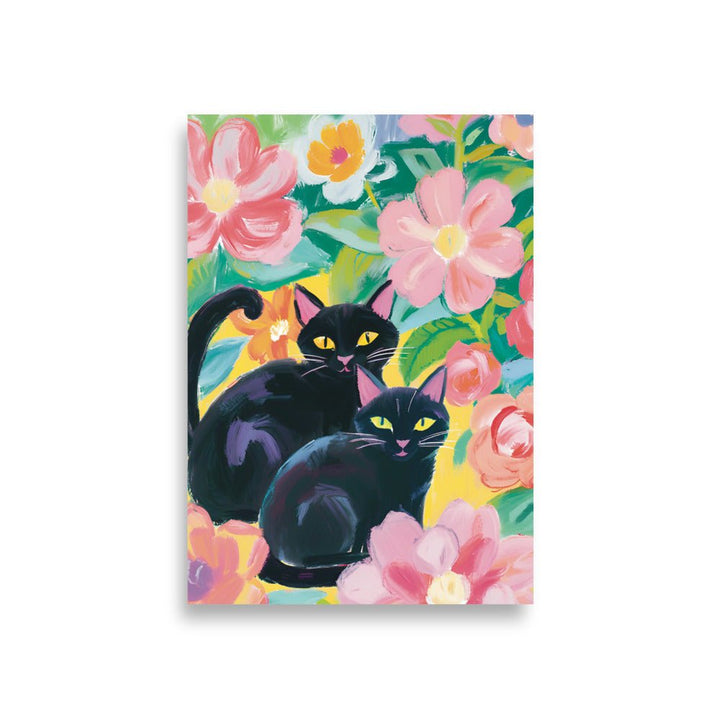 The cats and the Pink Flowers Art Print