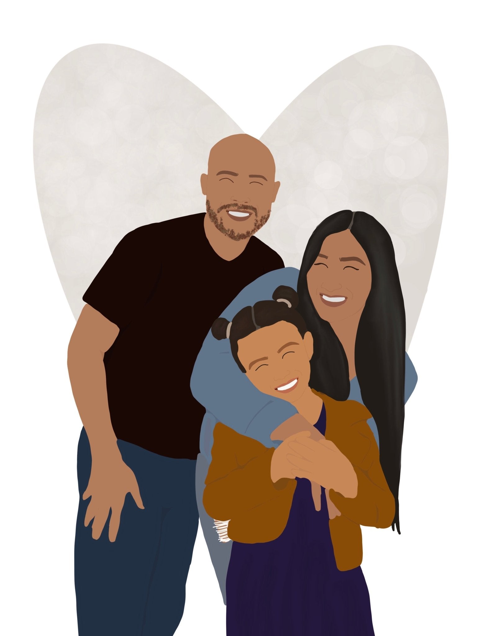 Cuddling family minimalist art digital illustration with heart on the background