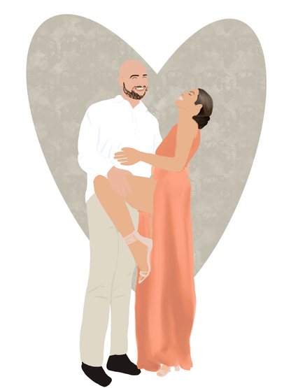 In love smiling couple with heart on the background minimalist art digital portrait